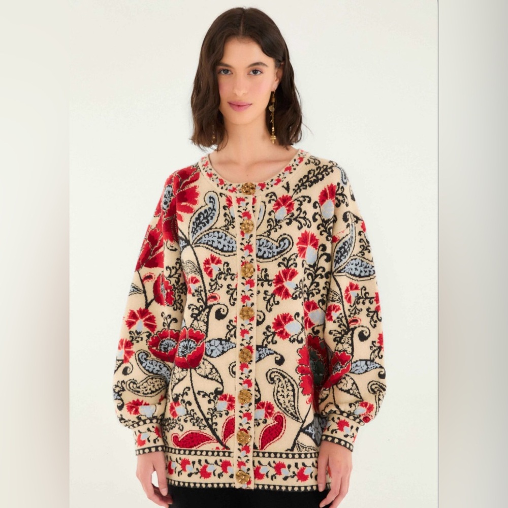 Farm Rio San Francesca Knit Cozy Cardigan Button Details Multi Color SMALL NWT